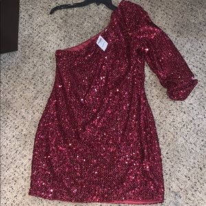 Red sequin one sleeve dress